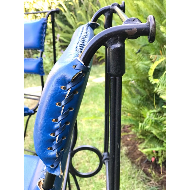 Chic Vintage Mid-Century Ilana Goor Style Counter Height (36” High Counter) Iron Stools - A Pair -in Blue Faux Leather For Sale - Image 9 of 12