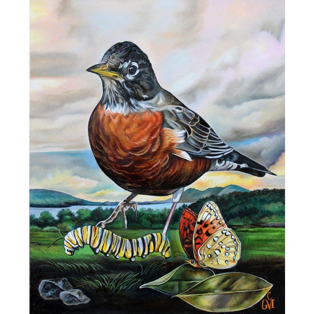 Delicate Feast by Claudia Griesbach-Martucci | Oil Painting of a bird with a caterpillar and butterfly For Sale