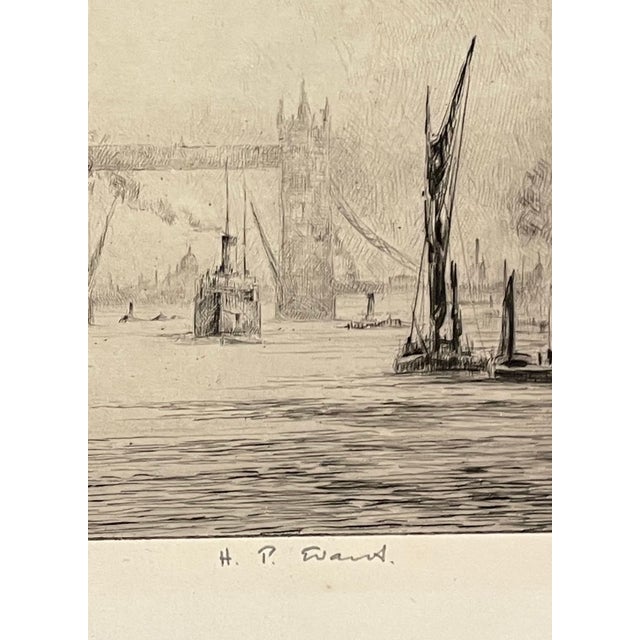 English 1920s Tower Bridge From Rotherhithe London Etching by Evans For Sale - Image 3 of 4