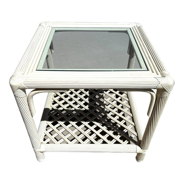 Vintage Ficks Reed White Rattan Side Table For Sale