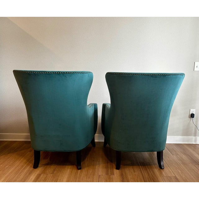 Pair of Teal Velvet Wingback Accent Chairs With Nailhead Trim For Sale - Image 4 of 7
