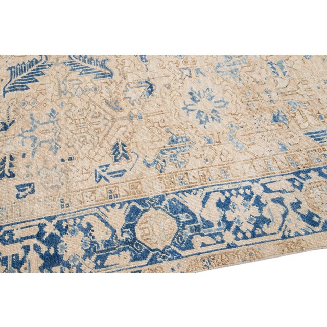 Antique Persian Heriz Beige Handmade Allover Geometric Wool Rug For Sale In New York - Image 6 of 11