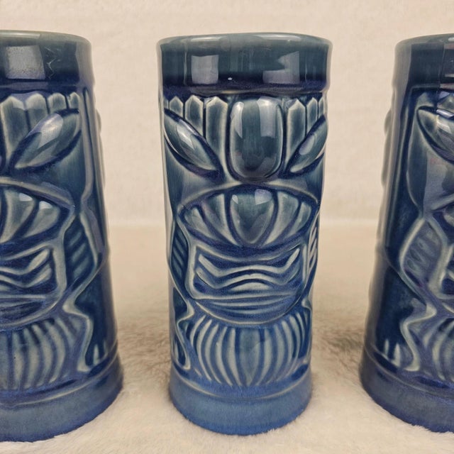 Ceramic 1970s Hollywood Regency Libbey Blue Ceramic Tiki Mugs - Set of 3 For Sale - Image 7 of 10