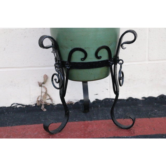 Metal Antique 1920s Olive Green Glazed Oil Jar With Wrought Iron Stand For Sale - Image 7 of 16