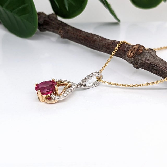 Ruby Pendant W Earth Mined Diamonds in Solid 14k Dual Tone Gold | Oval 6x4mm For Sale In Columbus - Image 6 of 10