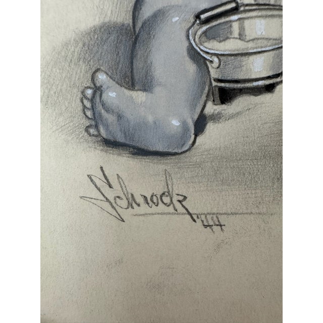 1940s 1940s Original Signed Graphite Illustration of Baby Feeding Small Terrier Puppy, 8.75 × 7.25 In. For Sale - Image 5 of 6