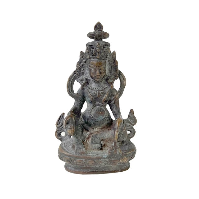 Gray Distressed Marks Bronze Color Metal Zambala Fortune Deity Statue For Sale - Image 8 of 8