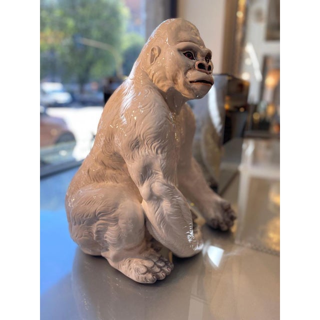 Seated Gorilla Sculpture in White Ceramic by Ronzan, 1950s For Sale - Image 3 of 18