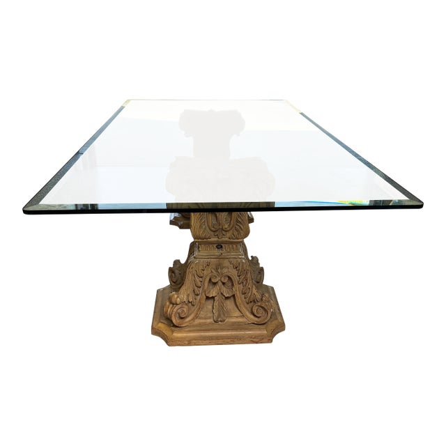 Vintage Hollywood Regency Style Double Pedestal Glass Top Dining Table For Sale
