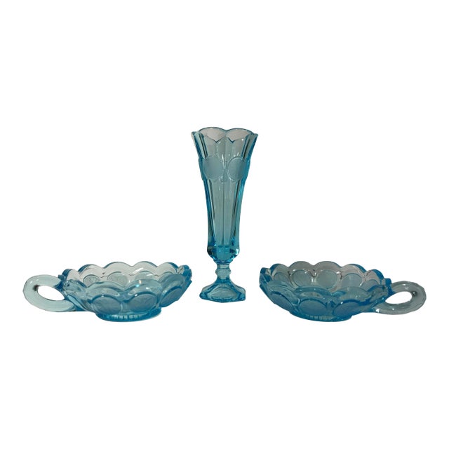 Vintage Fostoria “Old” Blue Coin Glass Nappy Dishes & Vase Set- 3 Pieces For Sale