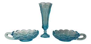 Vintage Fostoria “Old” Blue Coin Glass Nappy Dishes & Vase Set- 3 Pieces
