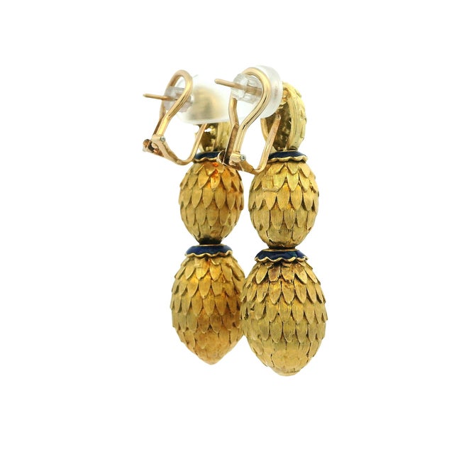 Mid-Century Modern 1960s 14k Yellow Gold & Blue Enamel Textured Drop Earrings, A Pair For Sale - Image 3 of 13