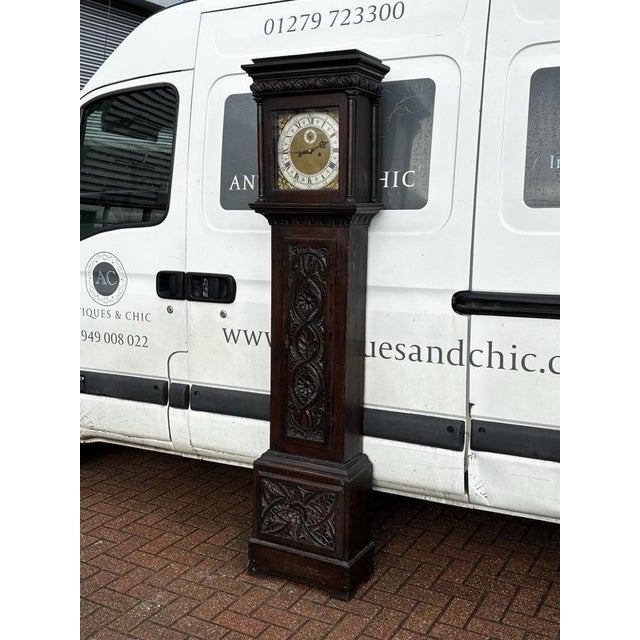 Wood 8 Day Longcase Clock in Carved Oak Case For Sale - Image 7 of 14