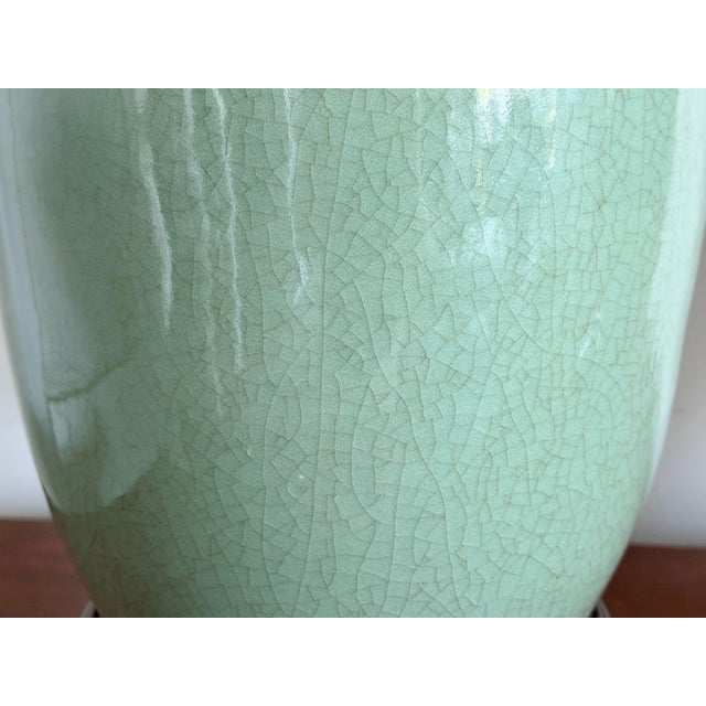 Ceramic Vintage Chinoiserie Celadon Crackle-Glaze Ginger Jar Table Lamps With Wooden Bases For Sale - Image 7 of 11