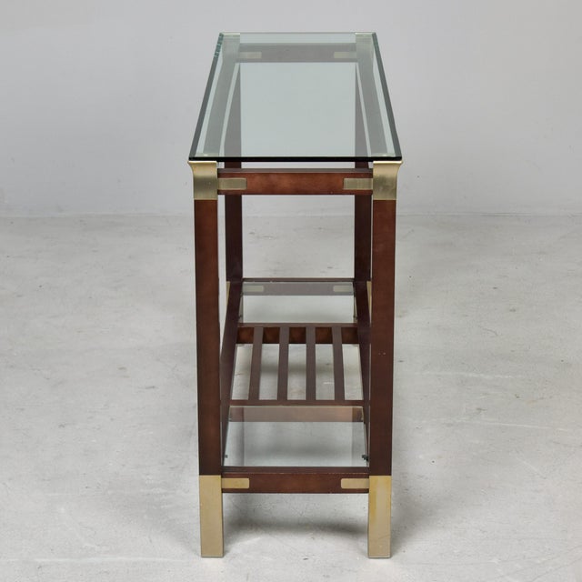 Burnt Umber Italian Mid-Century Walnut & Brass Console Table With Glass Top For Sale - Image 8 of 13