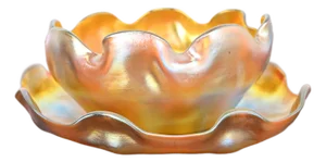 Louis Comfort Tiffany Favrile Iridescent Art Glass Ruffled Edge Finger Bowl With Underplate