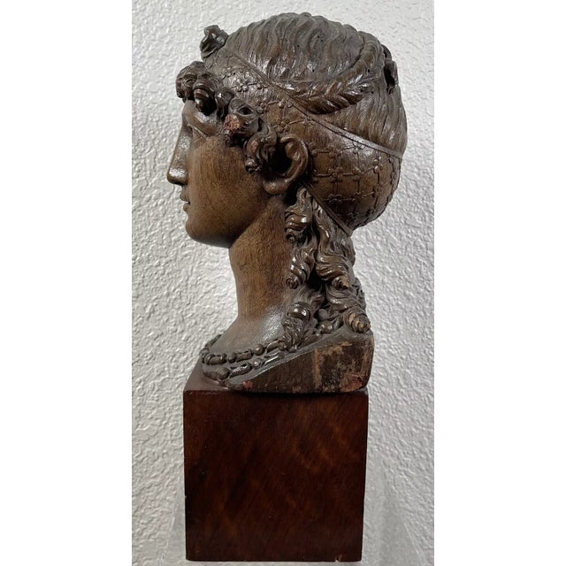 Chestnut Antique Carved Wood Head Young Woman Figure 18th Century French Greco-Roman Lady For Sale - Image 8 of 10