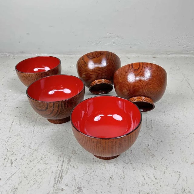 1950s Lacquerware Rice Bowls from Aizu, Japan, 1950s, Set of 5 For Sale - Image 5 of 13