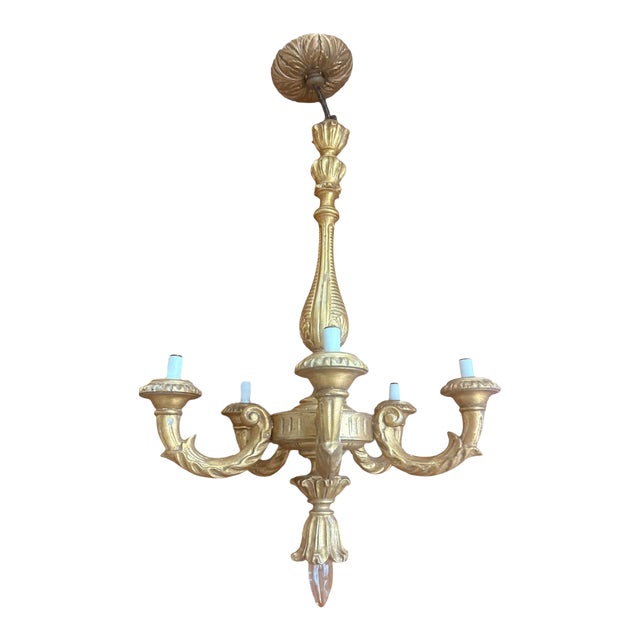 Antique Louis XVI Revival Carved Giltwood Six-Light Chandelier, Likely French, Circa 1900 For Sale