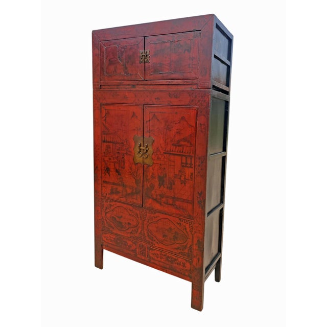 96" Tall Red Lacquer Antique Chinese Chinoiserie-Style Cabinet For Sale In Greensboro - Image 6 of 8