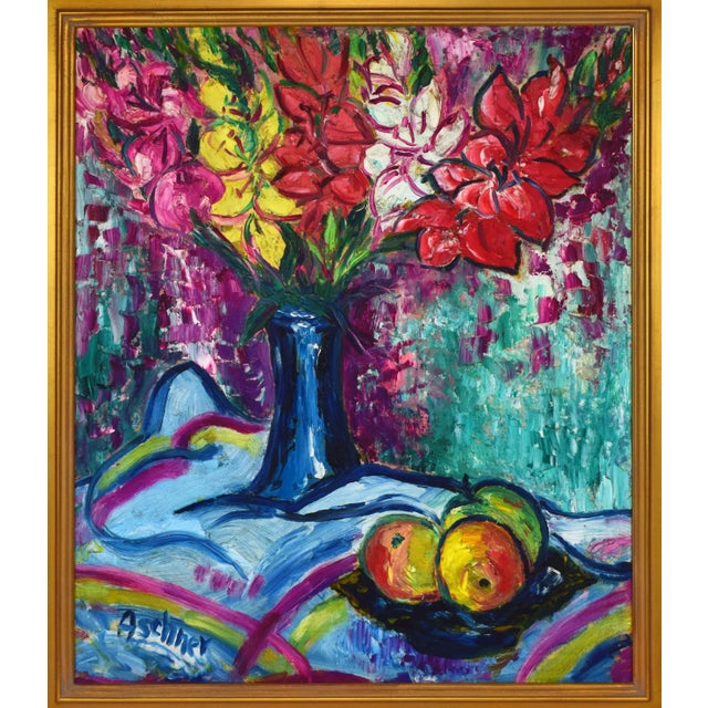 Mid-Century Modern Vintage Mid Century Post Impressionist Floral Still Life Oil Painting of Gladiola Flowers, Aschner 1961 For Sale - Image 3 of 9