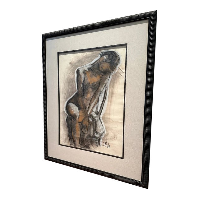 Vintage Signed 1984 Large Art Deco Style Charcoal and Pastel Drawing of a Female Figure For Sale