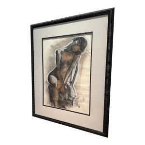 Vintage Signed 1984 Large Art Deco Style Charcoal and Pastel Drawing of a Female Figure