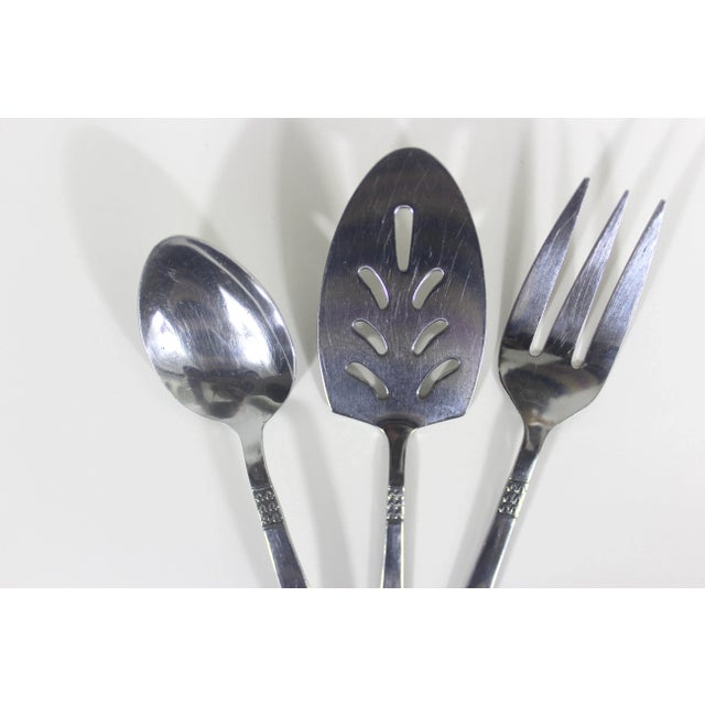 1960s Mid Century Modern Stainless Serving Set Spoon, Fork, Lifter, Set of Three Aztec Scroll For Sale - Image 6 of 10