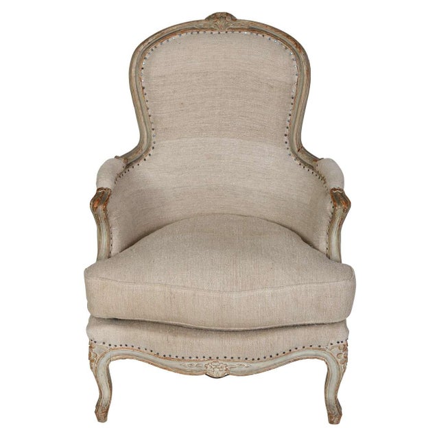 French An Antique Pair of Louis XV Style Linen Bergeres From Paris For Sale - Image 3 of 4