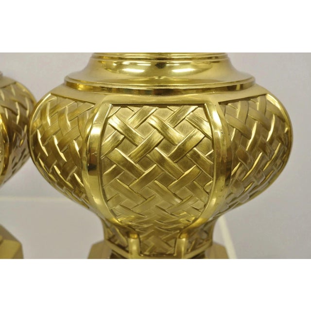 Brass Vintage Hollywood Regency Brass Woven Basket Basketweave Table Lamps - A Pair For Sale - Image 8 of 10