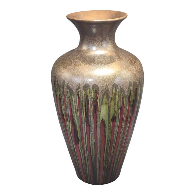 Vintage Mid-Century Modern Studio Art Drip Glazed Pottery 16'' Tall Vase For Sale