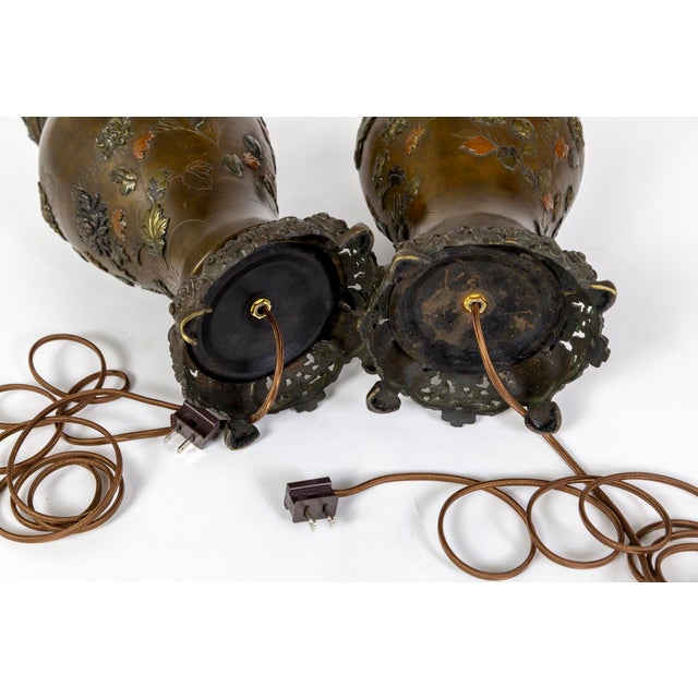 Late 19th Century Meiji Japanese Cast Bronze Relief Chrysanthemum & Birds Lamps - a Pair For Sale - Image 12 of 13