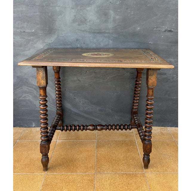 Wood 20th Century Spanish Barley Twist Table with Inlaid Marquetry Top, 1920 For Sale - Image 7 of 14