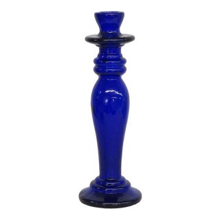 Cobalt Blue Art Glass Made in Italy Tall Candle Holder For Sale