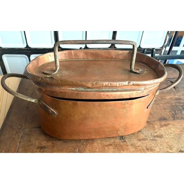 Metal Antique Copper Daubiere or Brasiere Pot With Dovetailed Bottom and Hand Forged Handles and Top For Sale - Image 7 of 12