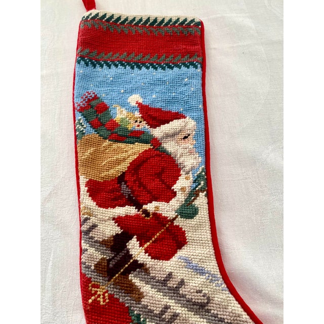 Vintage Skiing Santa Claus 100% Wool Needlepoint Christmas Stocking 1991 Peking Handicraft Excellent Condition For Sale - Image 11 of 13