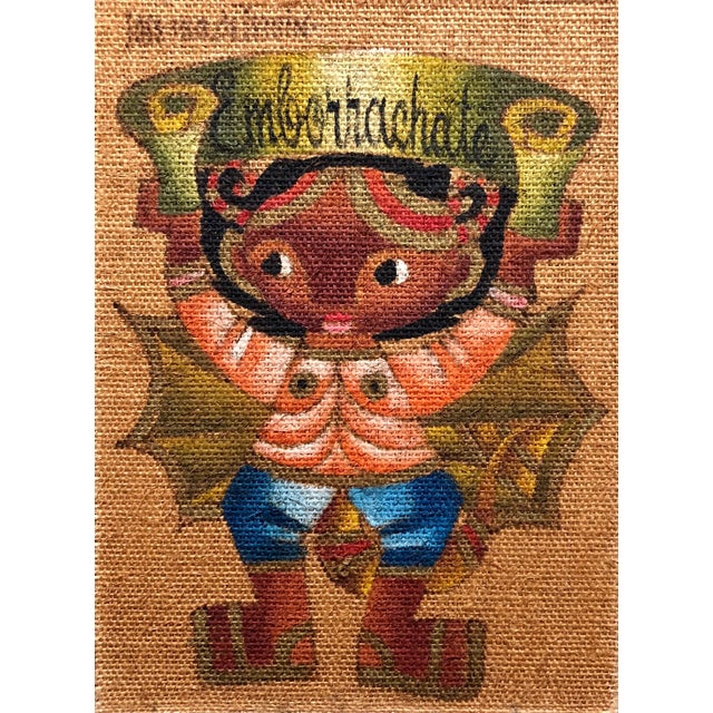 Jose Maria de Servin, Folk Art Mexican Girl "Emborrachate" Oil Painting on Burlap For Sale