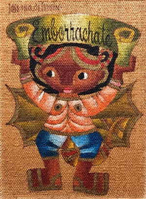 Jose Maria de Servin, Folk Art Mexican Girl "Emborrachate" Oil Painting on Burlap