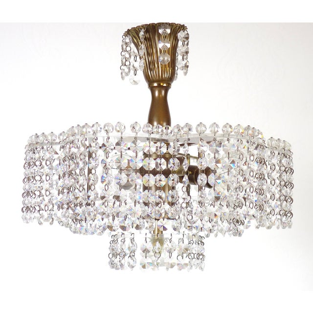 Gold Antique Brass Lead Crystal Three-Light Chandelier, 1930s For Sale - Image 8 of 11