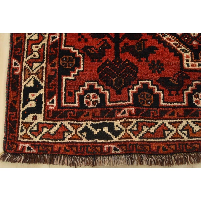 Shiraz Rug 3’5” X 4’11” Red Wool Vintage Tribal Hand-Knotted Oriental Carpet For Sale - Image 9 of 13
