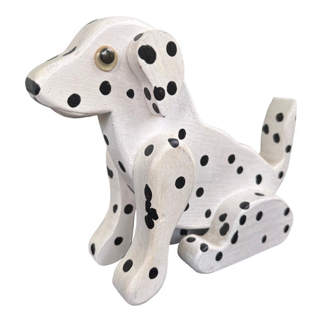 Vintage Hand-Carved Wooden Dalmatian Dog Figurine | Folk Art Style For Sale