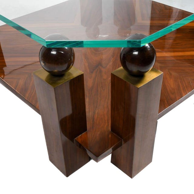 Mid-Century Modern Style Walnut & Burl Wood Coffee Table With Glass Top and Spherical Finials For Sale - Image 4 of 8
