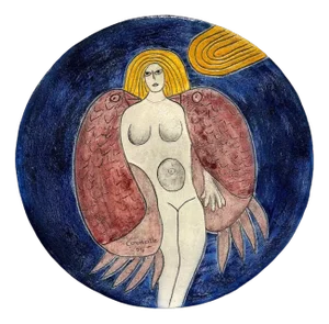 Corneille, Composition with Bird and Woman, Ceramic Dish