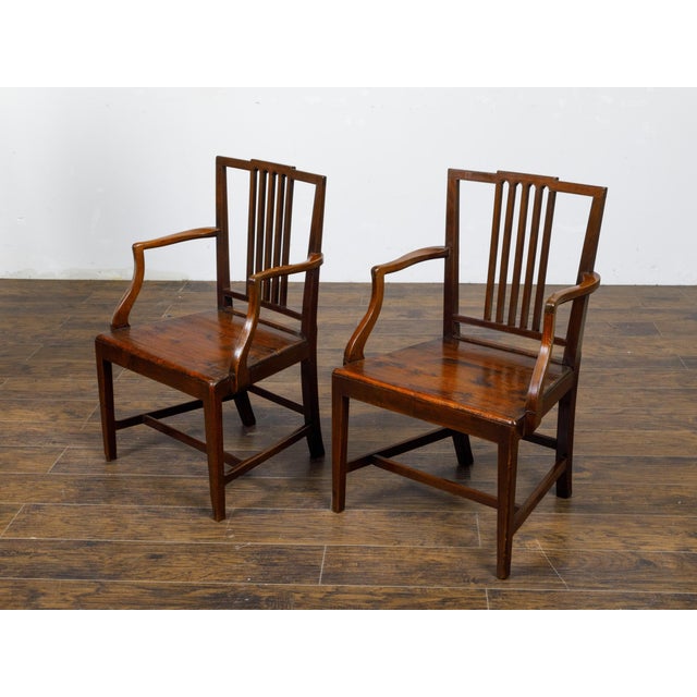 Pair of English Early 19th Century Plank Seat Chairs with Scrolling Arms For Sale - Image 9 of 12