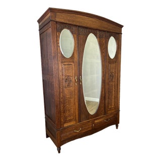 Antique French Carved Oak 2-Door Mirrored Armoire For Sale