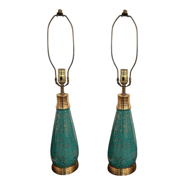 Vintage Mid-Century Modern Ceramic Table Lamps in Turquoise and Gold - A Pair For Sale