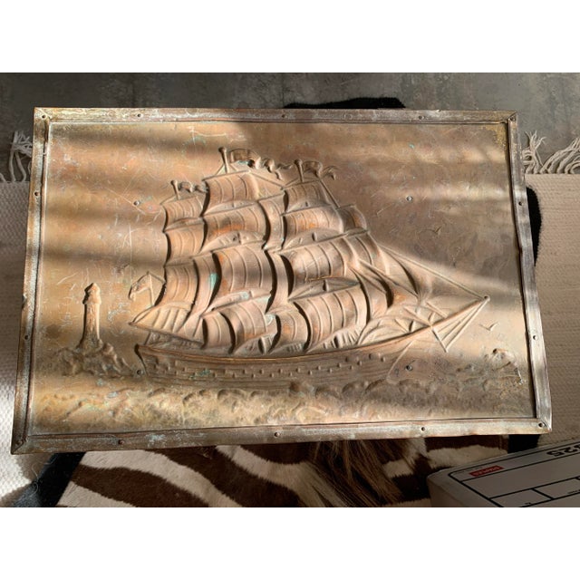 Antique Brass Clad Nautical Wood Box Sailing Ships For Sale - Image 4 of 12