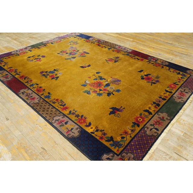 1920s 1920s Yellow Florid Antique Chinese Art Deco Carpet 7'2" X 9'10" Handknotted Wool Rug For Sale - Image 5 of 14