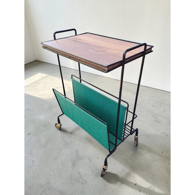 1970s Side Table with Magazine Rack on Casters in Metal and Veneer, 1960s For Sale - Image 5 of 11