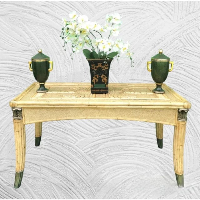 Wood Vintage Coastal Regency Double Palm Tree Carved Wicker Bamboo Desk Dining Table For Sale - Image 7 of 12